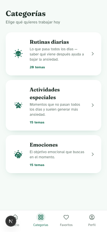 Pantalla de categorías de Vibramor